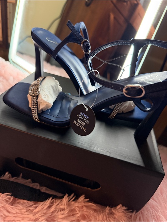 Windsor Shoes - Windsor Navy Blue Rhinestone Strap Heeled Sandals